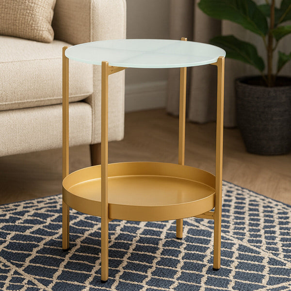 Gold Iron Two-Tier Side Table with Glass Top and Lower Shelf | Pali