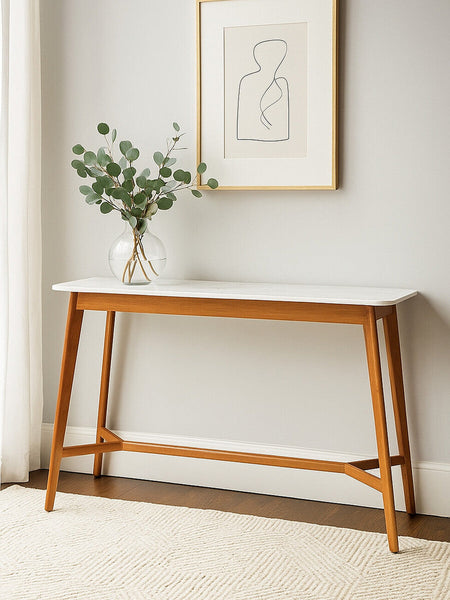 White Marble Top Console Table with Sustainable Acacia Wood Base | Myan