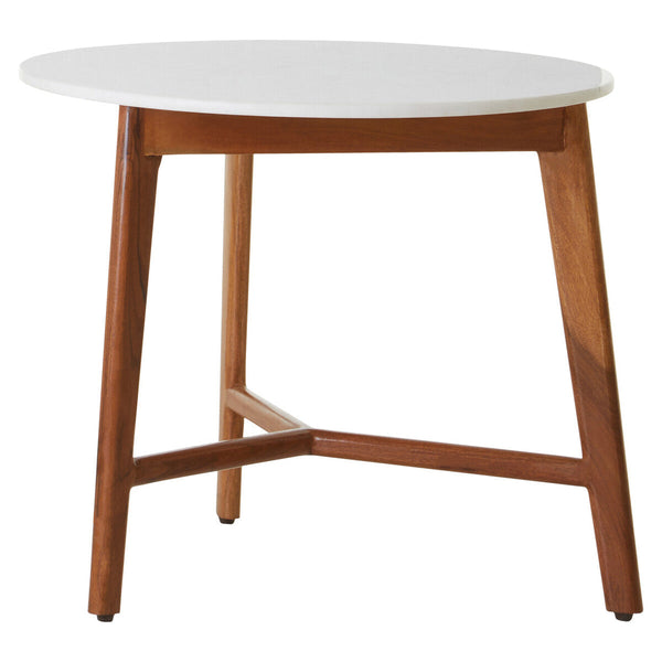 Myan Acacia Wood and White Marble Round Side Table