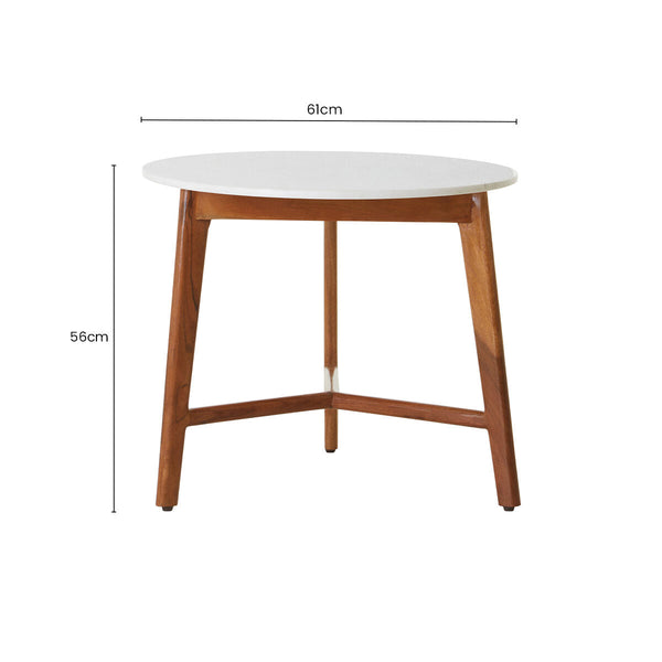 Myan White Marble and Acacia Wood Round Side Table