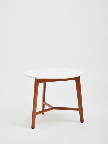 Myan Acacia Wood and White Marble Round Side Table