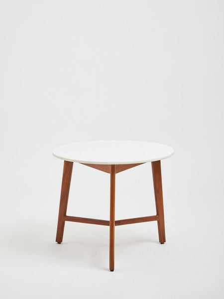 Myan Acacia Wood and White Marble Round Side Table