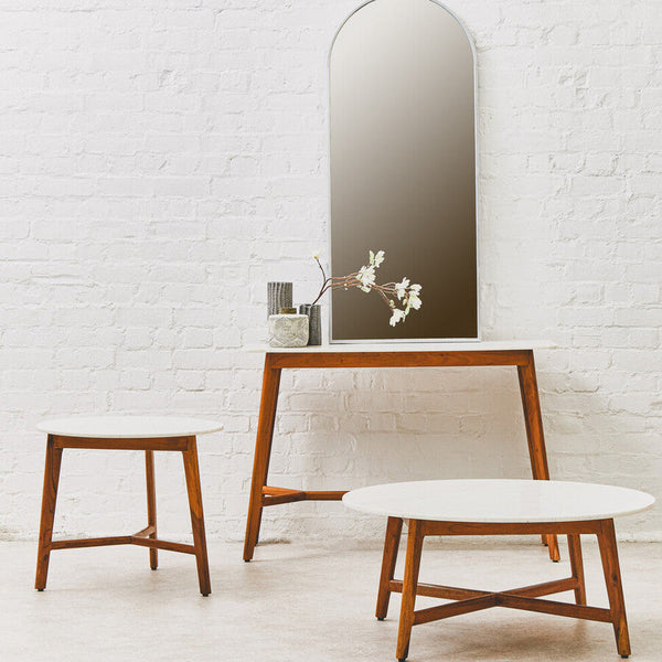 Myan Acacia Wood and White Marble Round Side Table