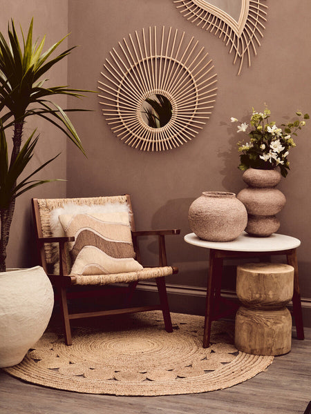 Myan Acacia Wood and White Marble Round Side Table
