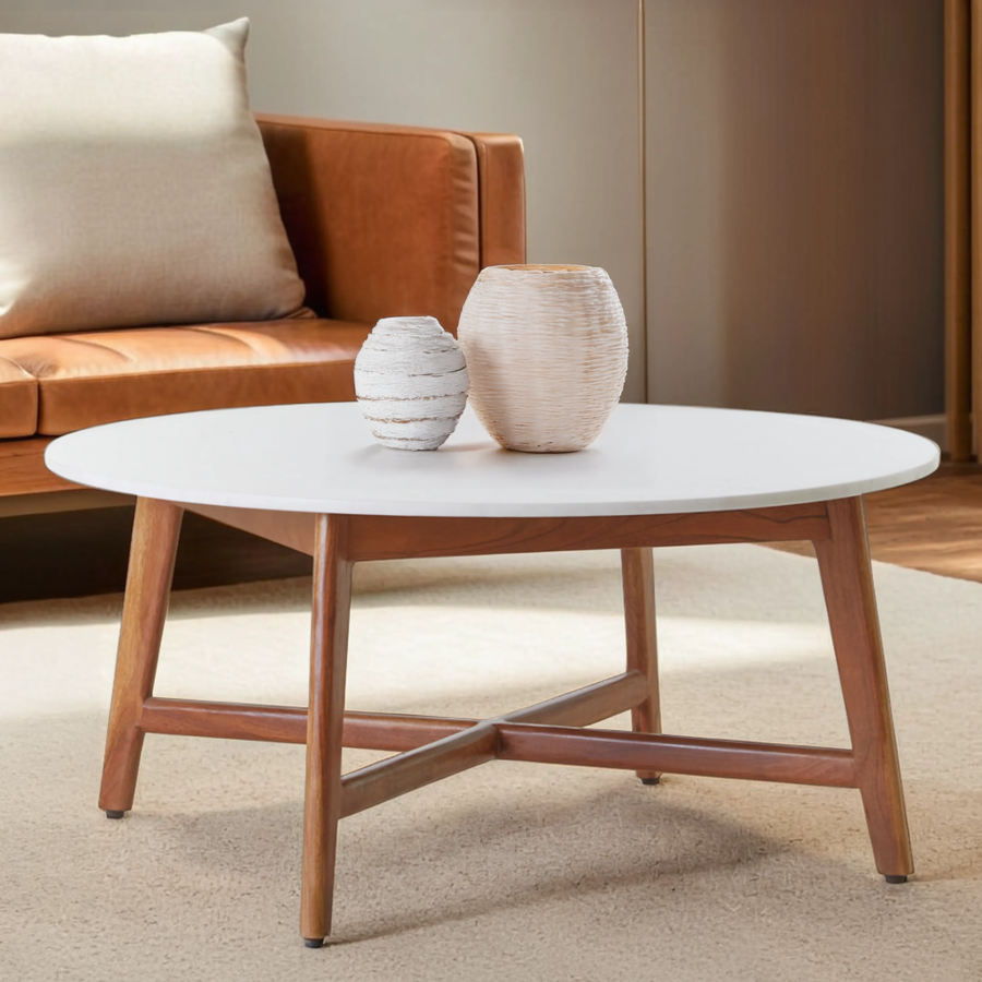 White Marble Round Top Coffee Table with Acacia Wood Legs | Myan