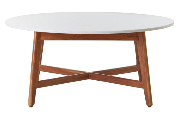 White Marble Round Top Coffee Table with Acacia Wood Legs | Myan