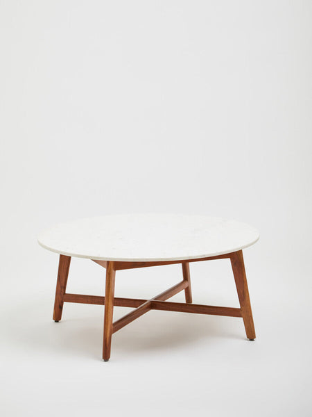 White Marble Round Top Coffee Table with Acacia Wood Legs | Myan