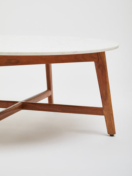 White Marble Round Top Coffee Table with Acacia Wood Legs | Myan