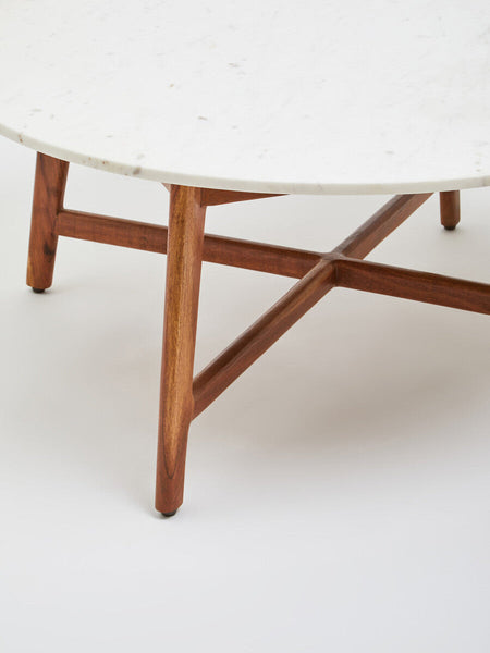 White Marble Round Top Coffee Table with Acacia Wood Legs | Myan