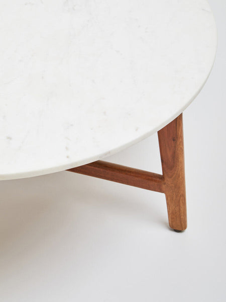 White Marble Round Top Coffee Table with Acacia Wood Legs | Myan