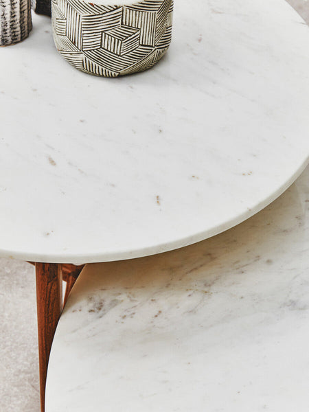 White Marble Round Top Coffee Table with Acacia Wood Legs | Myan