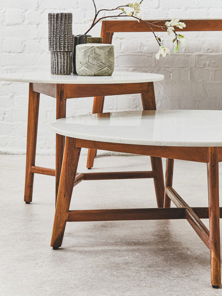 White Marble Round Top Coffee Table with Acacia Wood Legs | Myan