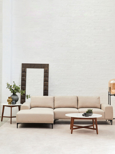 White Marble Round Top Coffee Table with Acacia Wood Legs | Myan