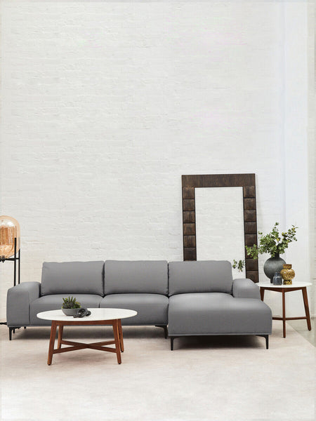 White Marble Round Top Coffee Table with Acacia Wood Legs | Myan