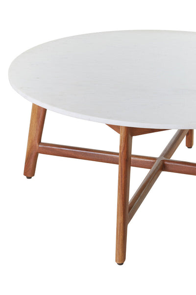White Marble Round Top Coffee Table with Acacia Wood Legs | Myan