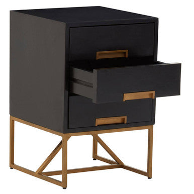 Black Mango Wood 3-Drawer Side Table with Gold Iron Legs and Handles | Kochi