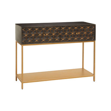 Grey Mango Wood 2-Drawer Console Table with Gold Finish Iron Frame and Lower Shelf | Patna