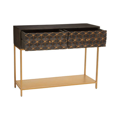 Grey Mango Wood 2-Drawer Console Table with Gold Finish Iron Frame and Lower Shelf | Patna