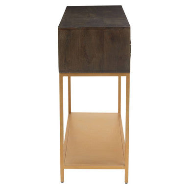 Grey Mango Wood 2-Drawer Console Table with Gold Finish Iron Frame and Lower Shelf | Patna