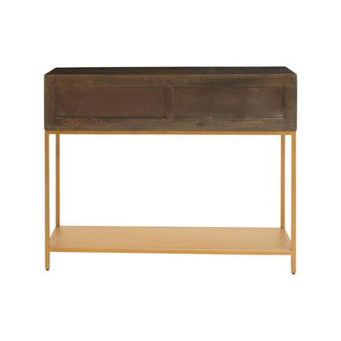 Grey Mango Wood 2-Drawer Console Table with Gold Finish Iron Frame and Lower Shelf | Patna