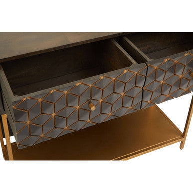 Grey Mango Wood 2-Drawer Console Table with Gold Finish Iron Frame and Lower Shelf | Patna