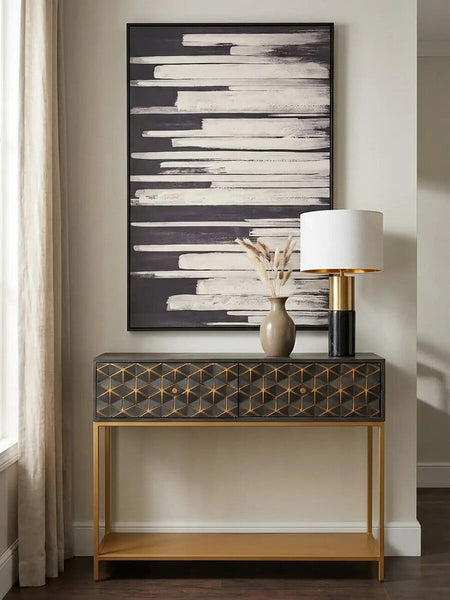 Grey Mango Wood 2-Drawer Console Table with Gold Finish Iron Frame and Lower Shelf | Patna