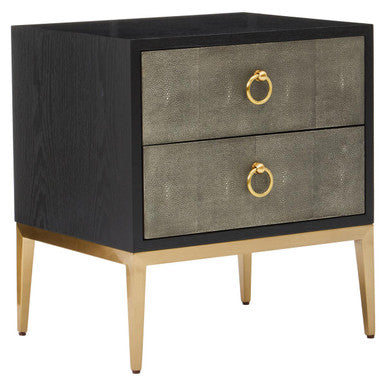 Grey Shagreen Effect 2-Drawer Side Table with Black Top and Gold Metal Legs | Deruta