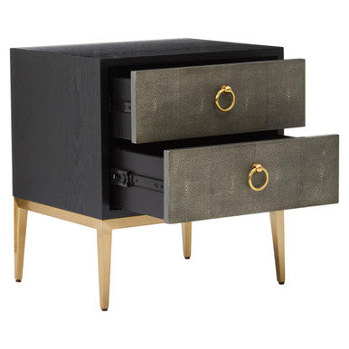 Grey Shagreen Effect 2-Drawer Side Table with Black Top and Gold Metal Legs | Deruta