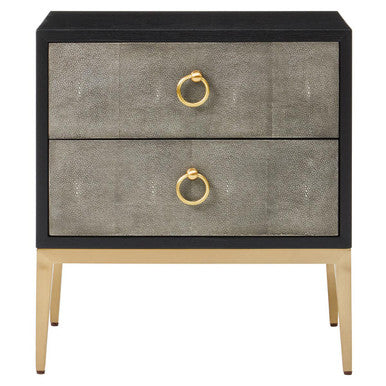 Grey Shagreen Effect 2-Drawer Side Table with Black Top and Gold Metal Legs | Deruta