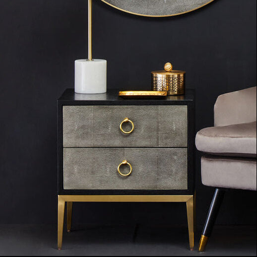 Grey Shagreen Effect 2-Drawer Side Table with Black Top and Gold Metal Legs | Deruta