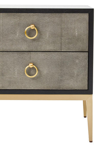 Grey Shagreen Effect 2-Drawer Side Table with Black Top and Gold Metal Legs | Deruta