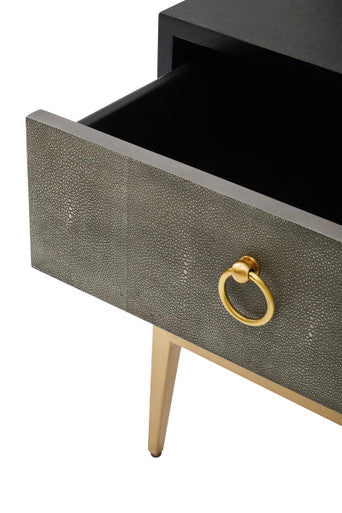 Grey Shagreen Effect 2-Drawer Side Table with Black Top and Gold Metal Legs | Deruta