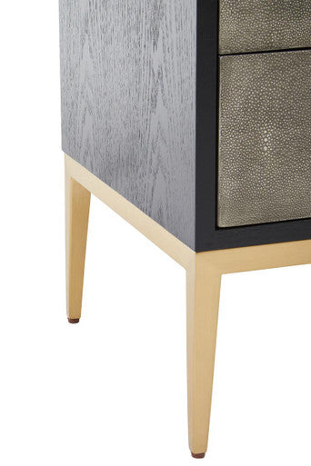 Grey Shagreen Effect 2-Drawer Side Table with Black Top and Gold Metal Legs | Deruta