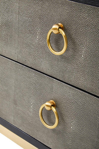 Grey Shagreen Effect 2-Drawer Side Table with Black Top and Gold Metal Legs | Deruta