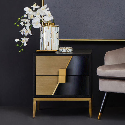 Davoli Black and Gold Finish 2 Drawer Side Table