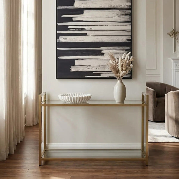 Matte Gold Stainless Steel Console Table with Clear Glass Top and Shelf | Vogue
