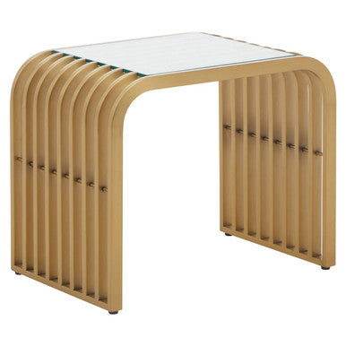 Matte Gold Slatted End Table with Clear Glass Top and Storage Shelf | Vogue
