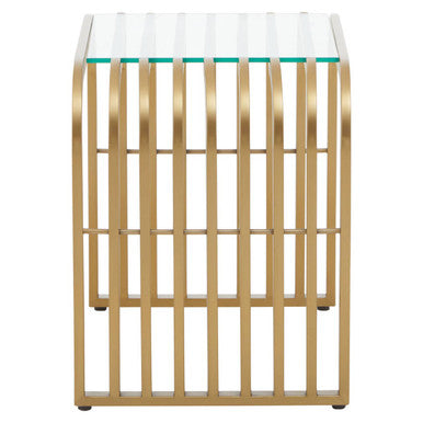 Matte Gold Slatted End Table with Clear Glass Top and Storage Shelf | Vogue