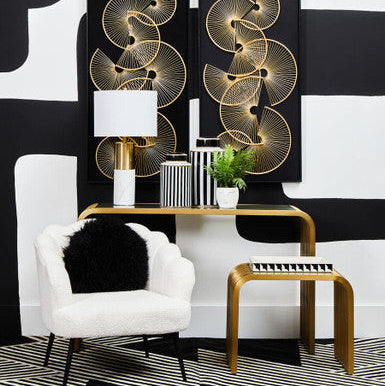 Matte Gold Slatted End Table with Clear Glass Top and Storage Shelf | Vogue