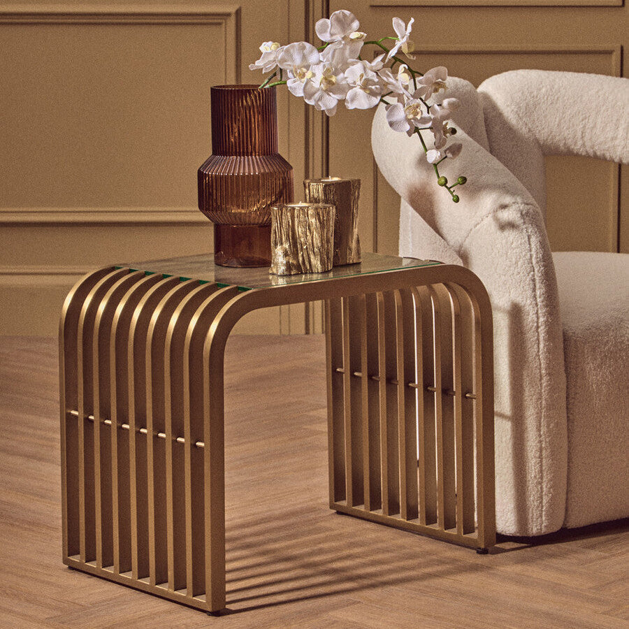 Matte Gold Slatted End Table with Clear Glass Top and Storage Shelf | Vogue