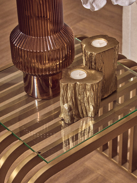 Matte Gold Slatted End Table with Clear Glass Top and Storage Shelf | Vogue