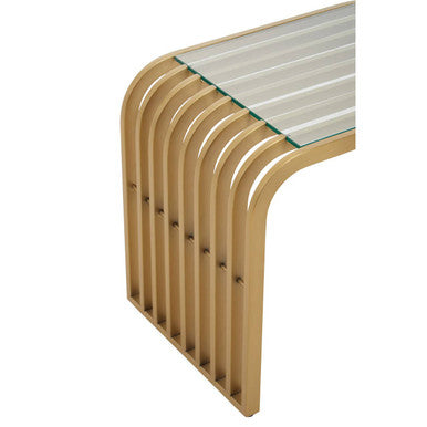 Matte Gold Slatted End Table with Clear Glass Top and Storage Shelf | Vogue