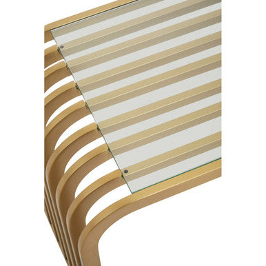 Matte Gold Slatted End Table with Clear Glass Top and Storage Shelf | Vogue
