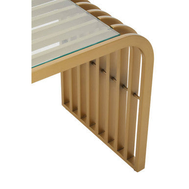 Matte Gold Slatted End Table with Clear Glass Top and Storage Shelf | Vogue