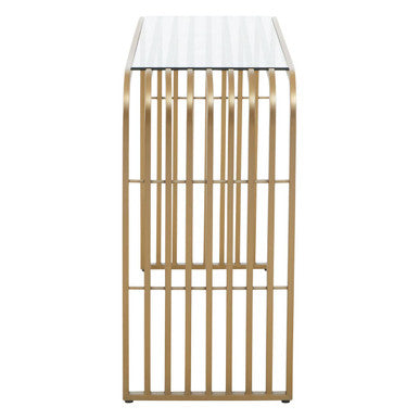 Vogue Clear Glass Console Table with Slatted Matt Gold Frame