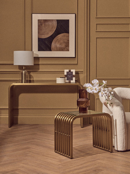 Vogue Clear Glass Console Table with Slatted Matt Gold Frame