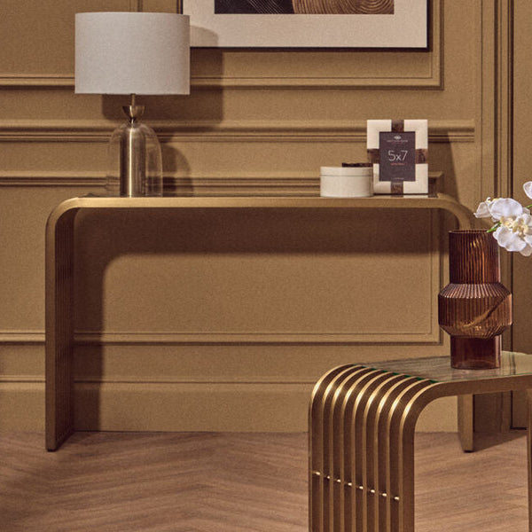Vogue Clear Glass Console Table with Slatted Matt Gold Frame