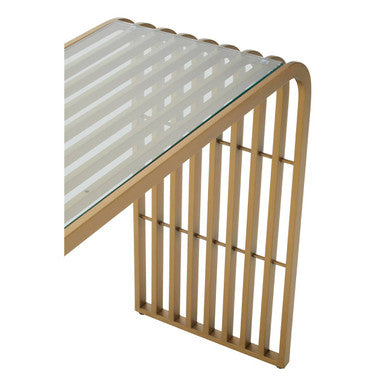 Vogue Clear Glass Console Table with Slatted Matt Gold Frame