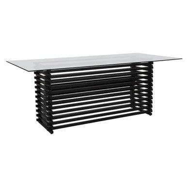 Matte Black Stainless Steel and Clear Glass Rectangular Dining Table with Storage, Vogue