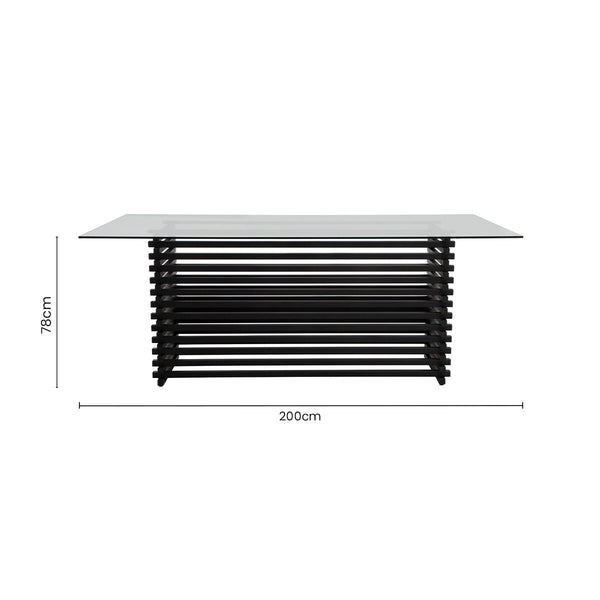 Matte Black Stainless Steel and Clear Glass Rectangular Dining Table with Storage, Vogue